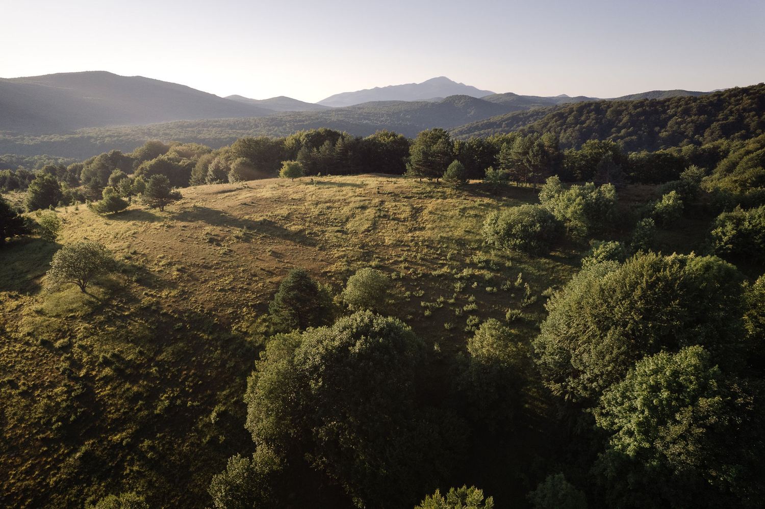 Aerial view of a sunlit meadow and forested hills surrounding Plitvice